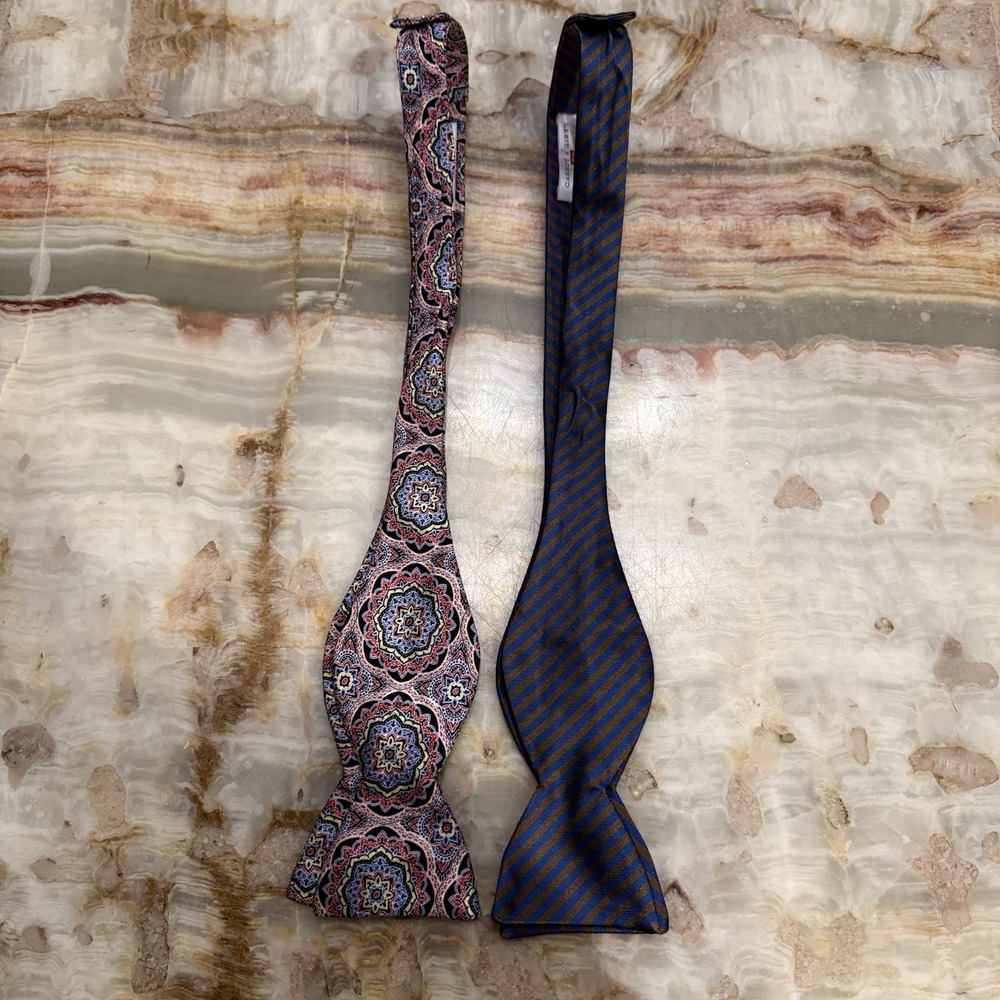Carrot & Gibbs Lot of 2 Pre Tied Adjustable Silk Bow Ties USA Paisley Stripe